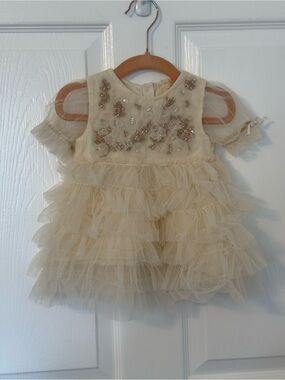 Tutu Du Monde Cream Layered Tulle Dress with Gold Embellishment